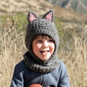 Andes Gifts Kids Animal Hood Grey Cat Baklava Hat Alpaca Wool